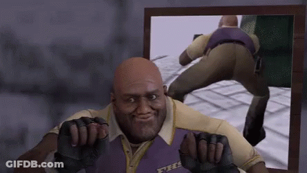 Bald Man In Purple Vest Hands On Face Mirror GIF