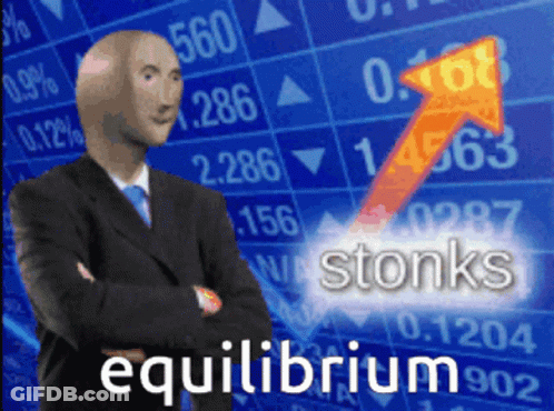 Bald Man In Suit Standing Before Stonks Equilibrium Chart GIF