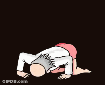 Bald Man In Sunglasses And Shorts Kneeling With Hands Up GIF