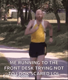 Bald Man Running To Front Desk Not Scared GIF