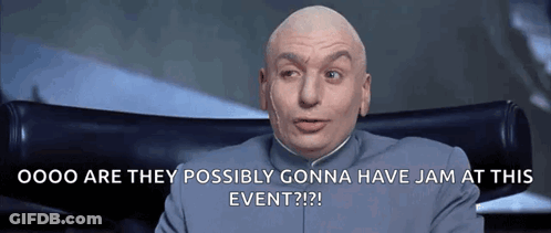 Bald Man Sitting In Chair Says Oooo Are They Possibly Gonna Have Jam At This Event GIF