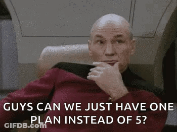 Bald Man Sitting With Hand On Chin Says Guys Can We Just Have One Plan Instead Of 5 GIF