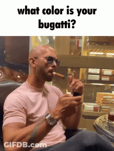 Bald Man Smoking Cigar Saying What Color Is Your Bugatti GIF