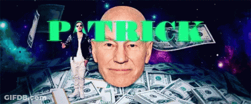 Bald Man Standing In Front Of Pile Of Money With Patrick Above GIF