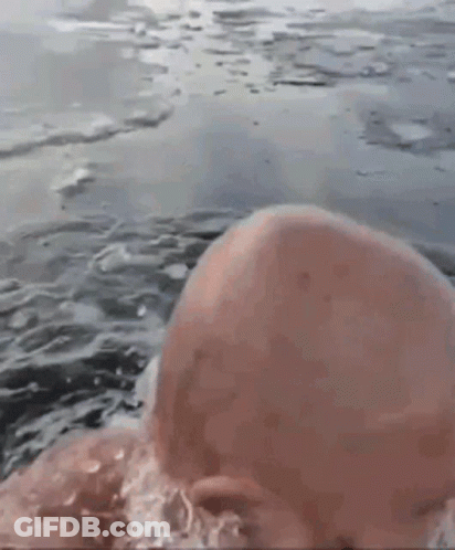 Bald Man Swimming With Ice On Head GIF