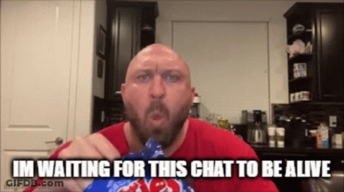 Bald Man With Beard Holding Chips Saying I'm Waiting For This Chat To Be Alive GIF