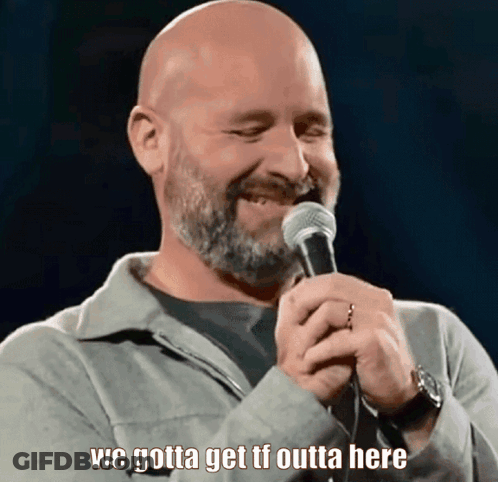 Bald Man With Beard Holding Microphone Saying We Gotta Get TF Outta Here GIF
