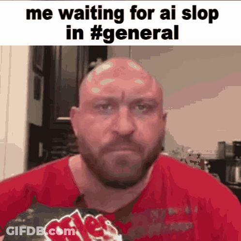 Bald Man With Beard In Red Shirt Saying Me Waiting For AI Stop In General GIF