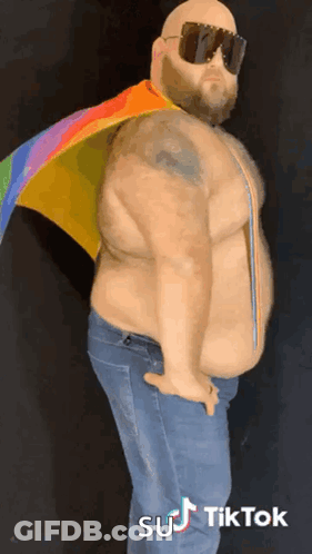 Bald Man With Beard In Sunglasses And Rainbow Cape GIF