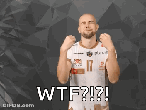 Bald Man With Beard Wearing WTF Shirt GIF