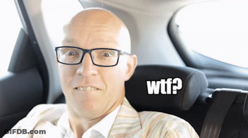 Bald Man With Glasses In Car With WTF Sticker GIF