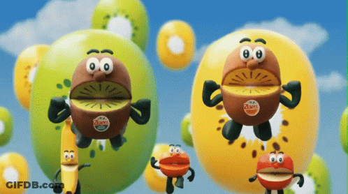 Banana And Kiwi With Faces And Arms GIF