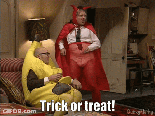 Banana Costume Man Sitting Next To Red Cape Man Saying Trick Or Treat GIF