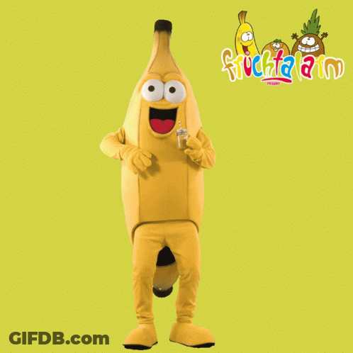 Banana Mascot Standing In Front Of Fruchaland GIF