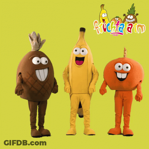 Banana Pineapple Orange Mascots In Front Of Fruchtaland Sign GIF