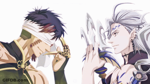 Bandaged Man Looking At Man With Sword GIF