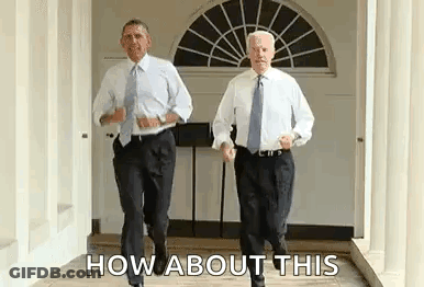 Barack Obama And Joe Biden Are Running Down A Hallway Together . GIF