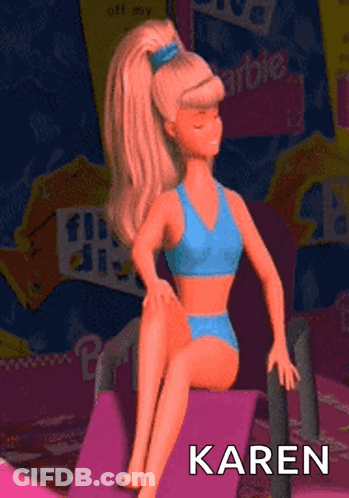 Barbie Doll In Blue Bikini Sitting On Pink Chair GIF