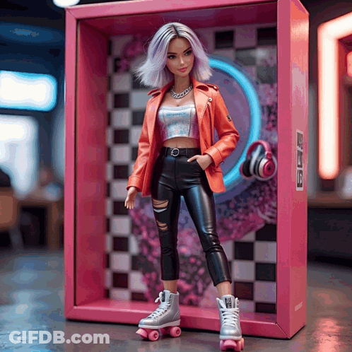 Barbie Doll Wearing Roller Skates And Headphones GIF