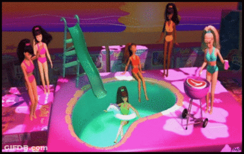 Barbie Dolls Playing In Pool With Slide And Grill GIF