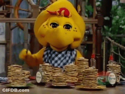 Barney From Sesame Street Eating Pancakes GIF