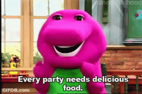 Barney From Sesame Street Is Smiling And Saying Every Party Needs Delicious Food . GIF