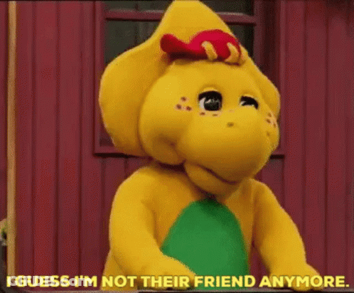 Barney Mascot Says I Guess I'm Not Their Friend Anymore GIF