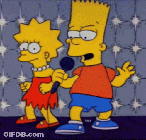 Bart Simpson And Lisa Simpson Singing Into Microphones In A Cartoon GIF