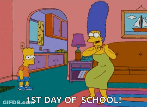 Bart Simpson And Marge Simpson In A Living Room With The Words 1St Day Of School Written On The Bottom GIF