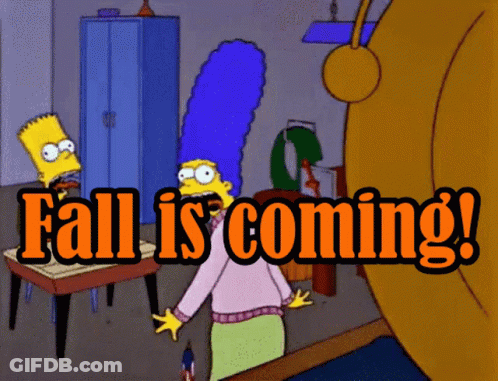 Bart Simpson And Marjorie Simpson Are Standing In A Room With The Words Fall Is Coming Behind Them GIF