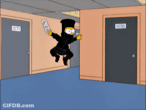 Bart Simpson In A Ninja Costume Is Flying Through A Hallway With 1570 And 1571 Doors GIF
