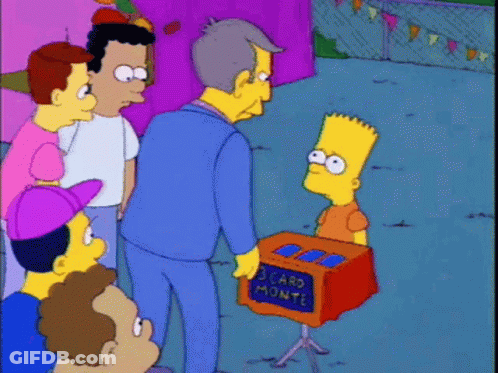 Bart Simpson In Front Of Box Saying 3 Card Monte GIF