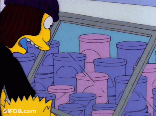 Bart Simpson Is Looking At A Display Of Pink And Purple Bottles GIF
