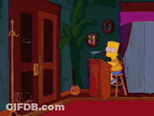 Bart Simpson Is Sitting At A Podium In A Room With A Man In A Hat Standing Next To Him . GIF