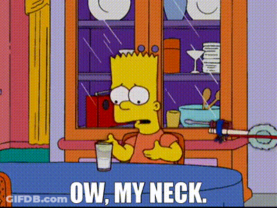 Bart Simpson Is Sitting At A Table Drinking A Glass Of Water And Saying Ow My Neck . GIF