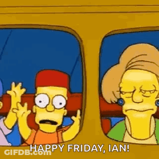 Bart Simpson Is Waving From The Window Of A Bus And Says `` Happy Friday , Ian ! '' GIF