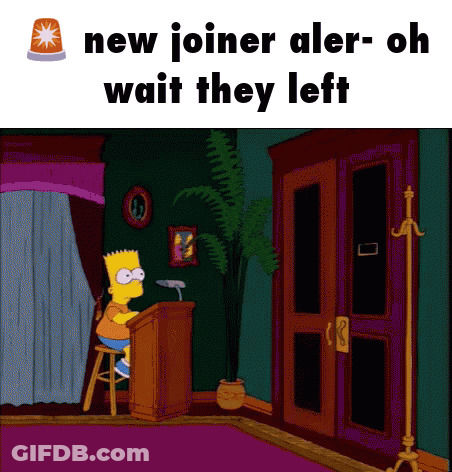 Bart Simpson Sits At A Podium In A Room With The Words " New Joiner Aler- Oh Wait They Left " Below Him GIF
