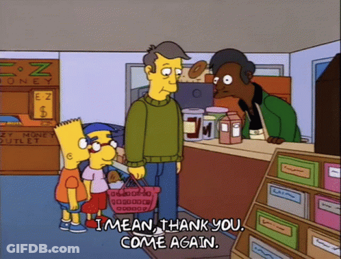 Bart Simpson Standing In Store Saying I Mean Thank You Come Again GIF