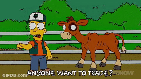 Bart Simpson Talking To A Calf Saying Anyone Want To Trade GIF