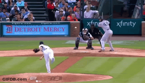Baseball Game In Front Of Detroit Mercy Sign GIF