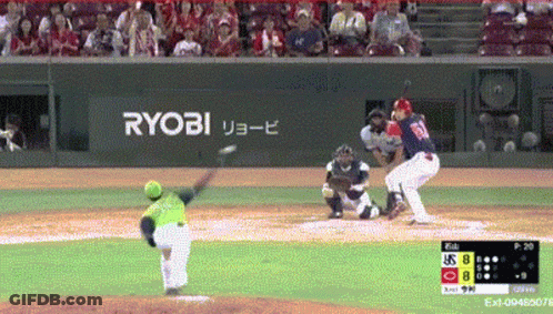 Baseball Game In Front Of Ryobi Banner GIF