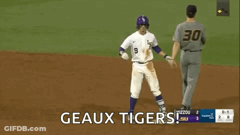 Baseball Player Arms In Air Saying Geaux Tigers GIF