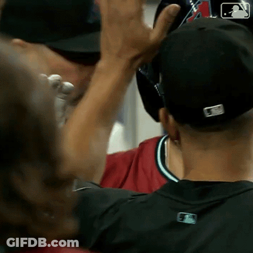 Baseball Player In Black Hat And Red Shirt High Fiving Another GIF