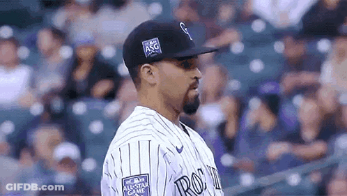Baseball Player In Black Hat And Striped Jersey GIF