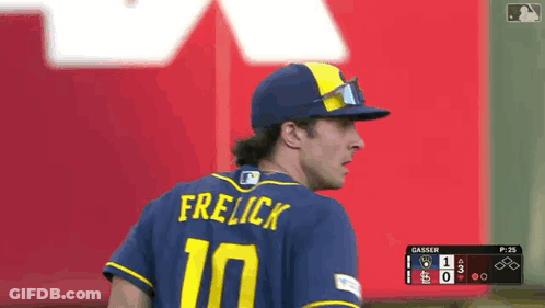 Baseball Player In Blue And Yellow Frelick Jersey GIF
