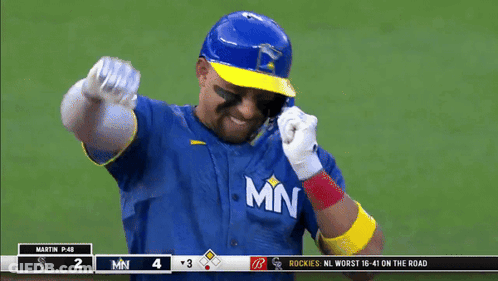 Baseball Player In Blue And Yellow Jersey With MN GIF