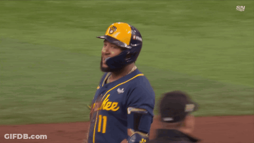 Baseball Player In Blue And Yellow Uniform Number 11 GIF