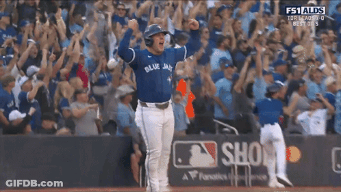 Baseball Player In Blue Jays Jersey Celebrating GIF