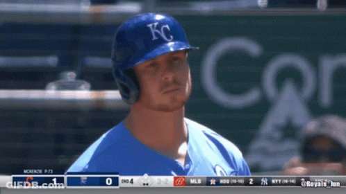Baseball Player In Blue KC Hat At Scoreboard GIF