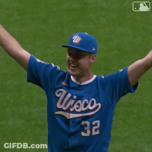 Baseball Player In Blue Wisconsin Jersey GIF